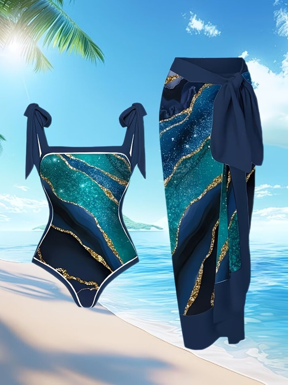 Peacock Blue One PC Swimsuit with Chiffon Wrap